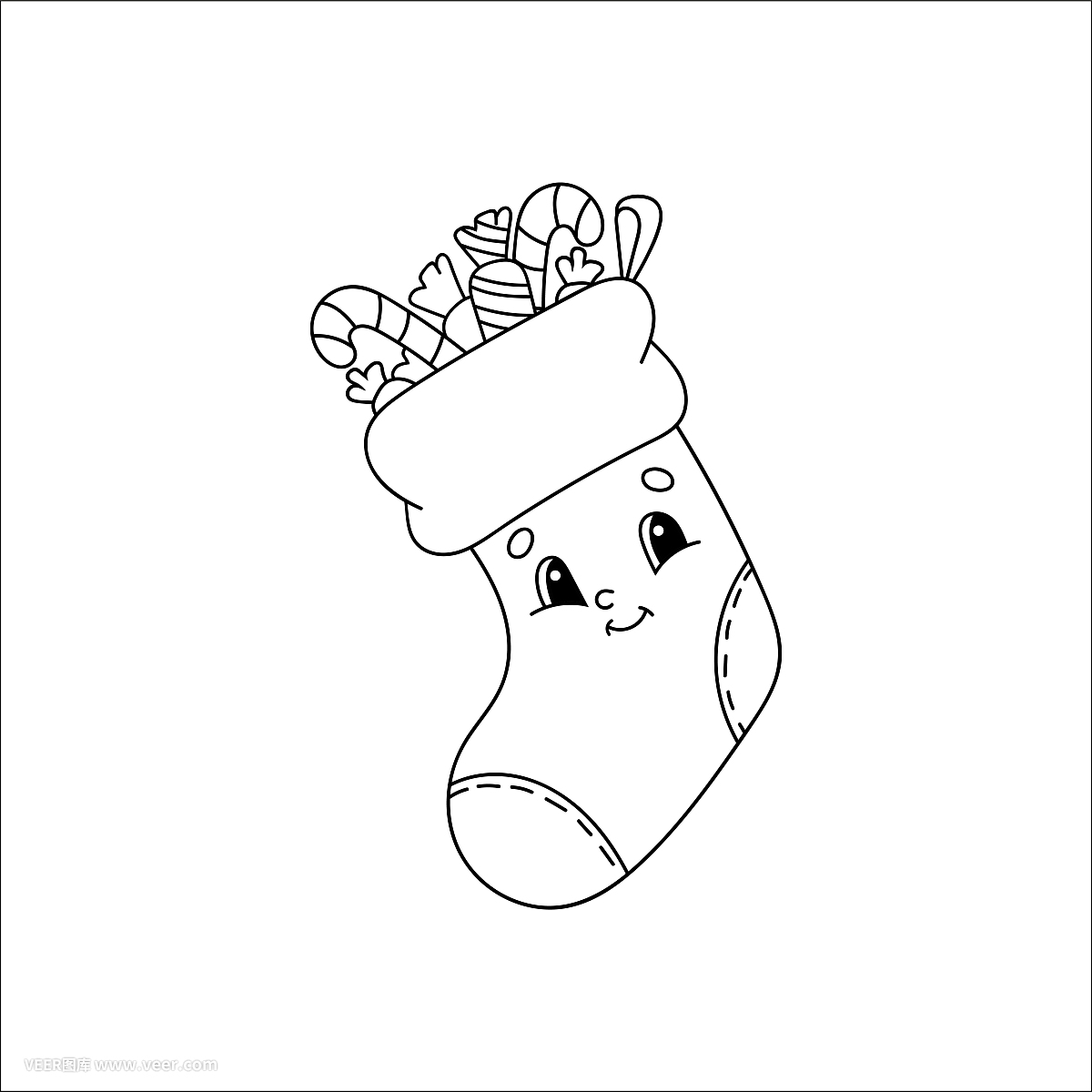裝有禮物的圣誕襪。兒童涂色書。開朗的性格。矢量插圖。可愛的卡通風(fēng)格。兒童幻想頁面。黑色的輪廓剪影。孤立在白色背景上。