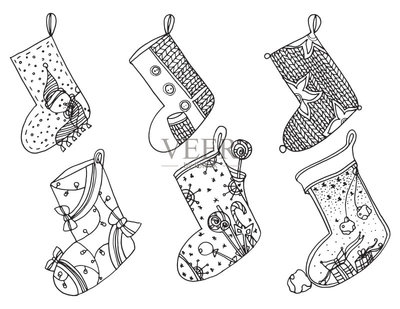 一套圣誕襪。矢量程式化的冬天襪子的集合。一整套裝飾圣誕絲襪。手工繪制的黑色和白色。涂鴉藝術(shù)矢量圖素材下載 - Veer圖庫(kù)